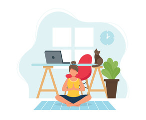 Wall Mural - Stay home concept. Woman doing yoga in cozy modern interior. illustration in flat style