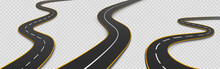 Road, Winding Highway Isolated On Transparent Background. Journey Two Lane Curve Asphalt Pathway Going Into The Distance. Route Direction And Navigation Signs For Map, Realistic 3d Vector Icons Set