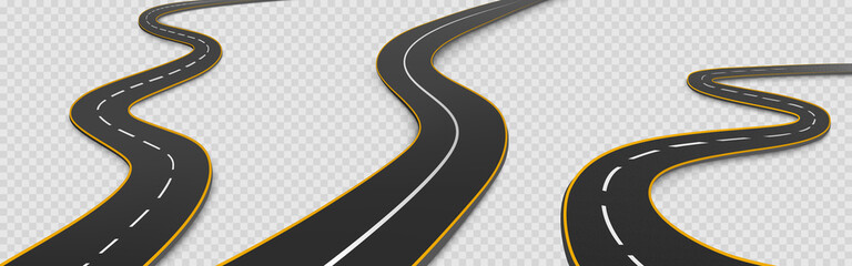 Wall Mural - Road, winding highway isolated on transparent background. Journey two lane curve asphalt pathway going into the distance. Route direction and navigation signs for map, Realistic 3d vector icons set