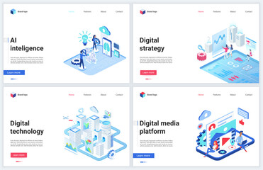 Poster - Isometric digital social media technology vector illustration. Cartoon 3d mobile website design template set, concept banners with business service platform for storage and analysis of data mediafiles
