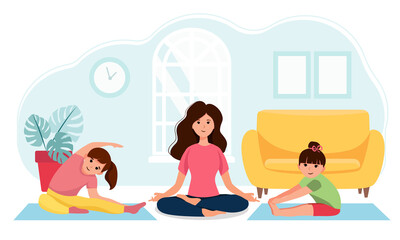 children. morning exercises with mom. active rest with children. beautiful, gentle vector illustrati