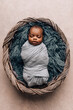 © Ursula Page - sleepy swaddled African-American newborn baby boy laying on a blue rug in a basket with copy space