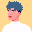 Portrait of an androgynous young girl. Vector illustration of a female student with short blue hair, glasses, piercings, holding a lollipop in her mouth. Woman for profile avatar on social network.