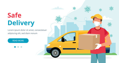 Wall Mural - Safe delivery concept, delivery man with a box wearing mask and yellow car. illustration in flat style