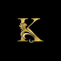 Golden K Initial Letter Luxurious logo icon, vintage luxury vector design concept outline alphabet letter with floral leaf gold color for luxuries business.