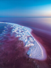 view to salt shallow in pink lake in twilight under blue sky with copy space