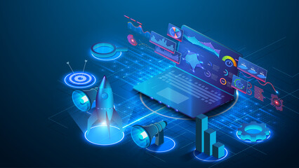 Aufkleber - Investment strategies and process isometric web banner. Web page design templates collection of business solution and analysis, startup, innovative ideas, investment. Laptop with business  charts