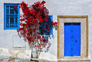 Wall Mural - Blue door with a bright red tree in the streets of Sidi Bou Said located in northern Tunisia