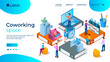 © NikAndr - Coworking space.Business space for office workers.Freelance and collaborative work.Symbol for the distribution of roles in the team.Teamwork and time management.Flat isometric illustration.