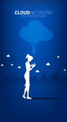 Poster - Silhouette of woman with mobile phone with Cloud technology with city background. Concept of cloud server, Storage and data transformation.