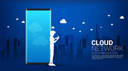 Poster - Silhouette of man with mobile phone with Cloud technology with city background. Concept of cloud server, Storage and data transformation.