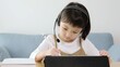 © taka - タブレットを使って自宅で勉強する女の子