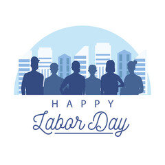 Wall Mural - happy labor day celebration with workers silhouette on the city