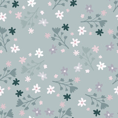 Wall Mural - Random seamless doodle pattern with floral ornament. Branches and little daisy elements in white and blue colors.