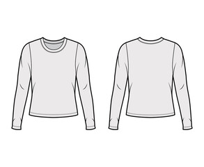 Crew neck jersey sweater technical fashion illustration with long sleeves, oversized body. Flat outwear apparel template front back grey color. Women men unisex shirt top CAD mockup