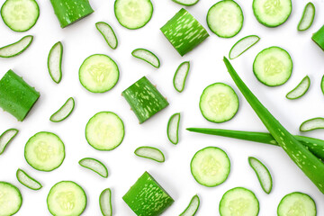 Wall Mural - aloe vera and cucumber slice isolated on white background