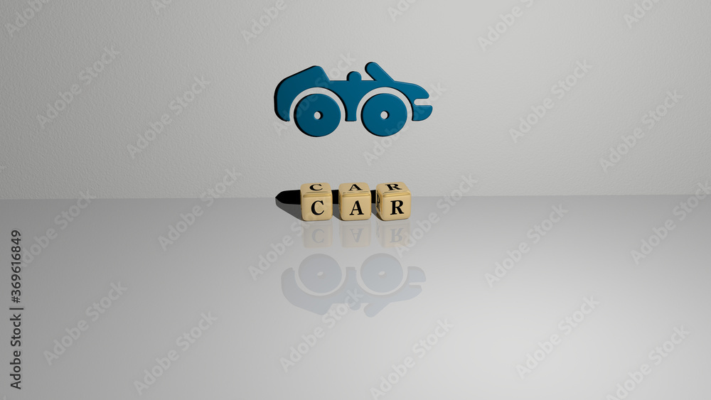 3D graphical image of car vertically along with text built by metallic ...