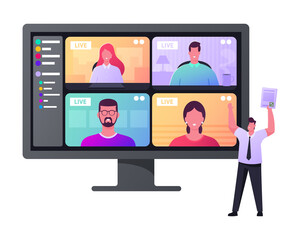 Wall Mural - Workers Webcam Group Conference with Coworkers on Huge Computer. Tiny Business Employee Character Speak on Video Call
