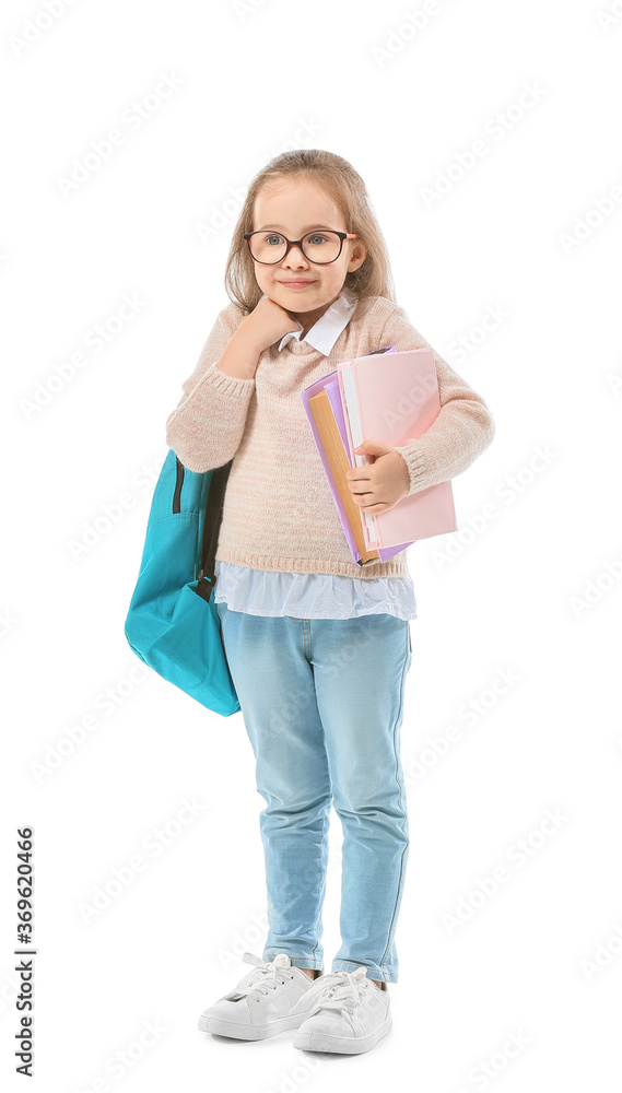Cute little schoolgirl on white background