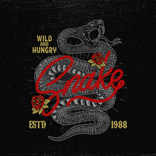 Illustration Of Snake Head, Cobra, Python, Viper In Vintage Monochrome Style. Design Element For Poster, T Shirt. Vector Illustration