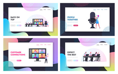 Wall Mural - webcam conference landing page template set. business characters video call with remote colleagues o