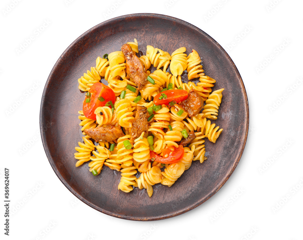 Plate with tasty pasta and chicken on white background