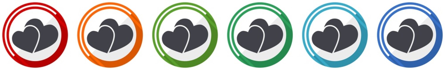 Poster - Two hearts, valentines day icon set, flat design vector illustration in 6 colors options for webdesign and mobile applications
