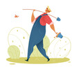 Farmer. A cute gardener in a hat, in a blue overalls, in a red shirt is walking with a shovel and a bucket of potatoes. Vector illustration of a happy man in an autumn garden.