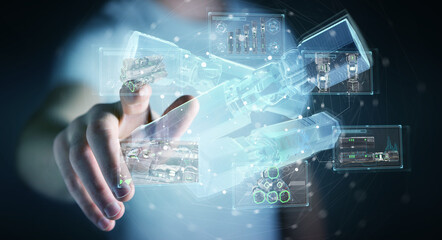 Poster - Man holding and touching green renewable energy battery 3D rendering