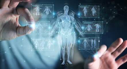 Wall Mural - Man using digital x-ray human body holographic scan projection 3D rendering