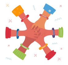 Six Hands On Each Other With Multi-colored Bracelets. Friendship Bands With Text Friends. Vector Illustration Of A Friendly Handshake.