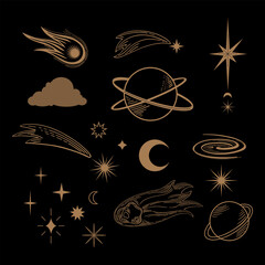 Wall Mural - Hand drawn set of celestial bodies for Flash tattoo, sticker, patch or print