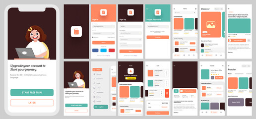 Wall Mural - e-learning app ui kit for responsive mobile app or website with different layout including sign in, 