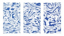 Artistic Abstract Fluid Background On Canvas Set. Dynamical Blue Rippled Surface, Illusion, Curvature