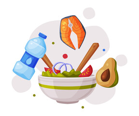 Sticker - Healthy Diet, Useful Food, Proper Nutrition, Salad, Salmon Fish, Avocado and Bottle of Water Cartoon Style Vector Illustration