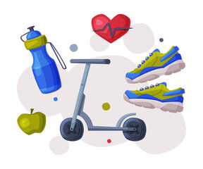 Canvas Print - Sports and Healthy Lifestyle, Cardio Workout, Kick Sooter, Bottle of Water, Apple, Sneakers Cartoon Style Vector Illustration