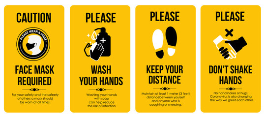 Sign Poster Templates. Caution Card. Face mask required. Please Wash your hands. Keep your distance. Don't shake hands. For the bathroom, toilet, where a lot of people gather. 