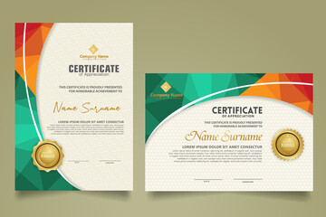 Wall Mural - Set modern certificate template with triangle geometric polygon on circular lines ornate background