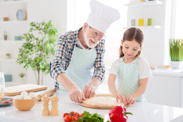 Poster - Portrait of nice cheerful cheery glad grey-haired granddad teaching grandchild learning cooking tasty yummy dish recipe national cuisine healthy nutrition in modern light white interior kitchen house