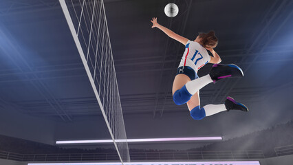 Female professional volleyball players in action on 3d stadium.