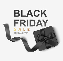 Black friday sale design template. Text with black gift box and long ribbon. Vector illustration