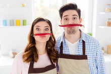 Portrait Two People Dream Harmony Couple Have Fun Cooking Healthy Lifestyle Nutrition Vegan Meal Preparation Put Chili Pepper Nose Imagine Fake Mustache Enjoy Weekend In Kitchen House Indoors