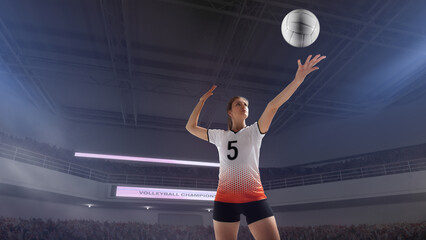 Female professional volleyball players in action on 3d stadium.