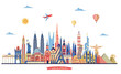 World famous monuments skyline. Travel and tourism background. Vector illustration	