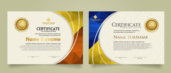 Wall Mural - Set modern certificate template with triangle geometric polygon on circular lines ornate background
