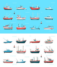 Fishing Boats Side View And Buoys With Blue Sea Background And Isolated On White. Side View Illustration.