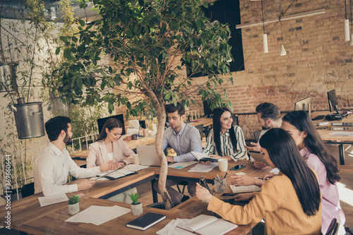 Photo of business men ladies seven people partners sitting around table desktop spacious big office members successful professionals company good mood discussing new project indoors