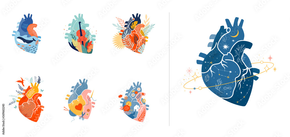 Collection of anatomical heart modern print design, art work - obrazy, fototapety, plakaty 