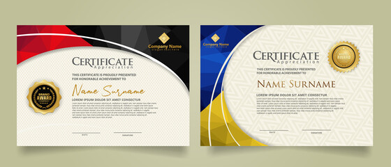 Wall Mural - Set modern certificate template with triangle geometric polygon on circular lines ornate background