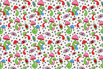 Light psychedelic vector seamless pattern with mushrooms and eyes. Grunge bright  illustration in 60s style. Hand drawn repeated background for  fabric, textile, wallpaper, wrapping paper, cover